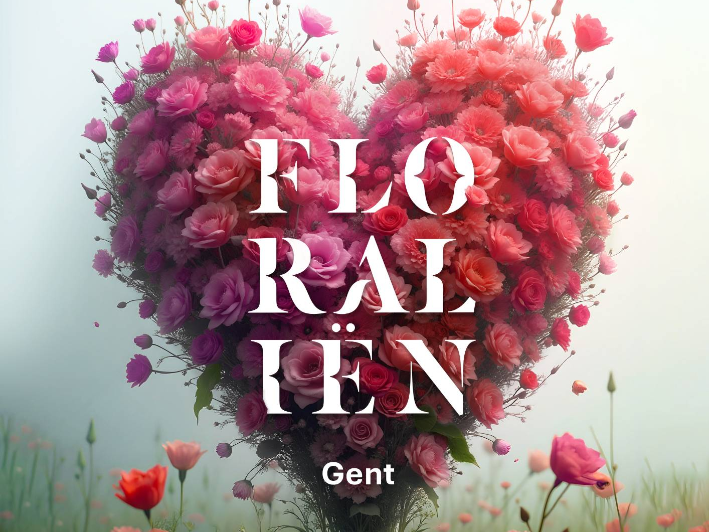 Affichebeeld Floraliën Gent 2026, een groot hart gevormd door rood, paars en roze bloemen